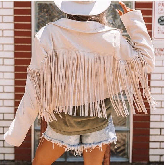 Women's Fringe Faux Suede Leather JacketTassel Motorcycle Cropped - Picture 3 of 7